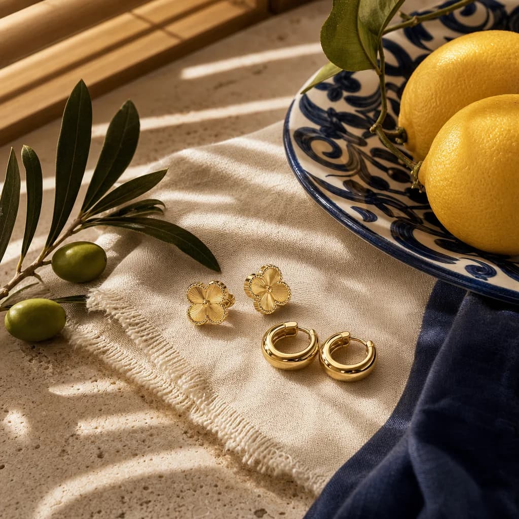 Gold clover studs and hoops with lemons and Italian ceramics